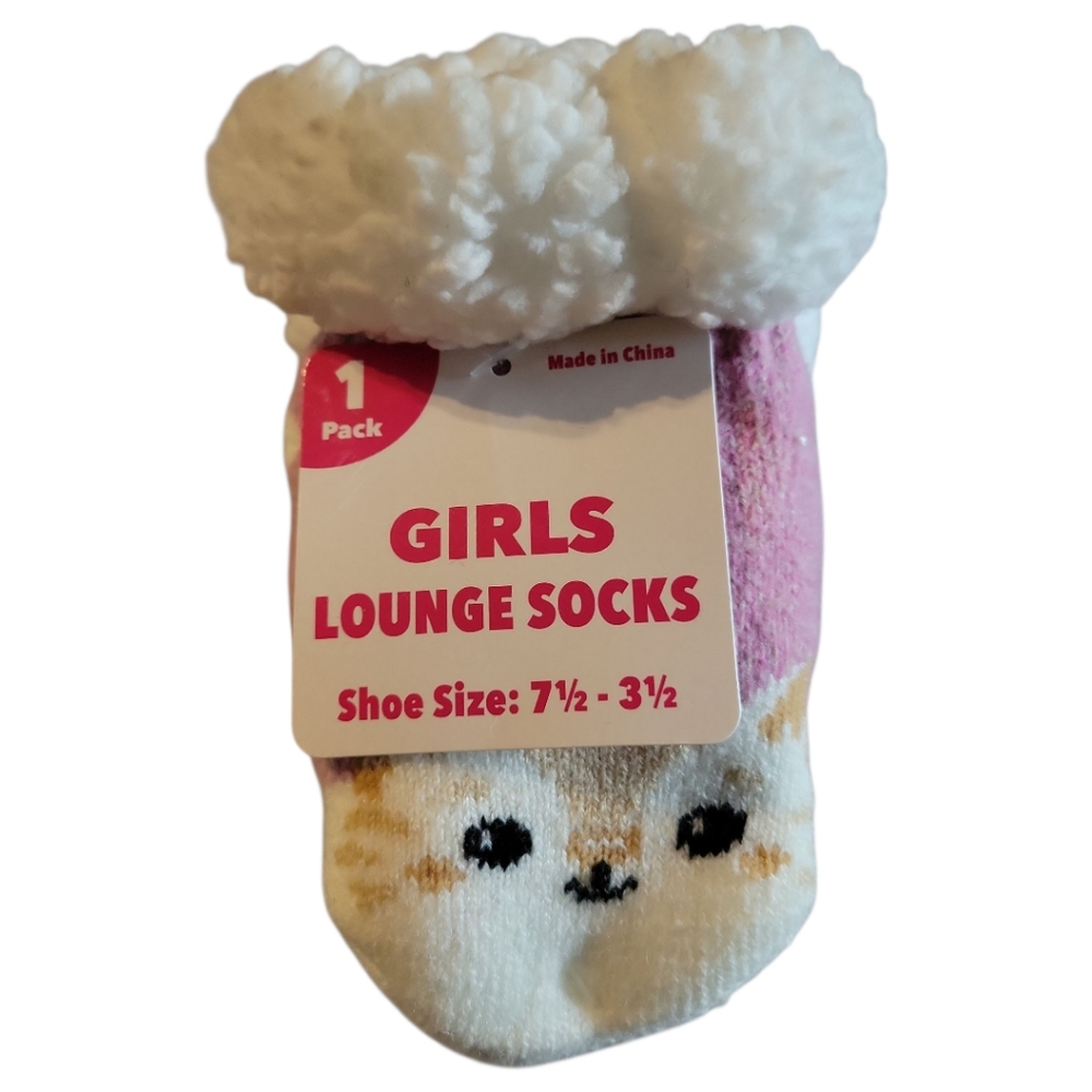 NWT Girl's Lounge Socks Shoe Sz 7 1/2 - 3 1/2 Soft Fleece Knit Pink Kitty